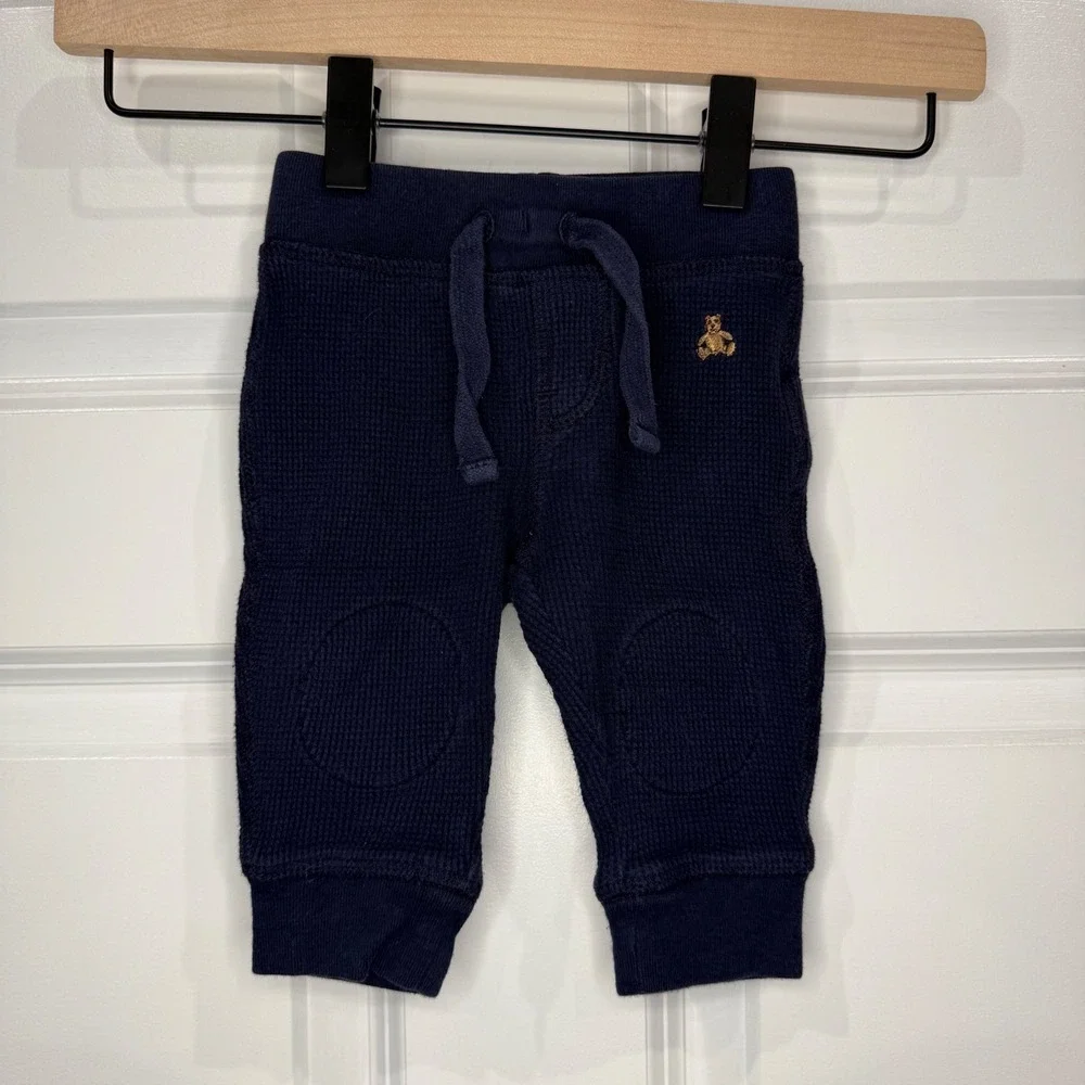 Baby Gap Navy Blue Waffle Knit Teddy Bear‎ Logo Jogger Pants Sizs 3-6 Months